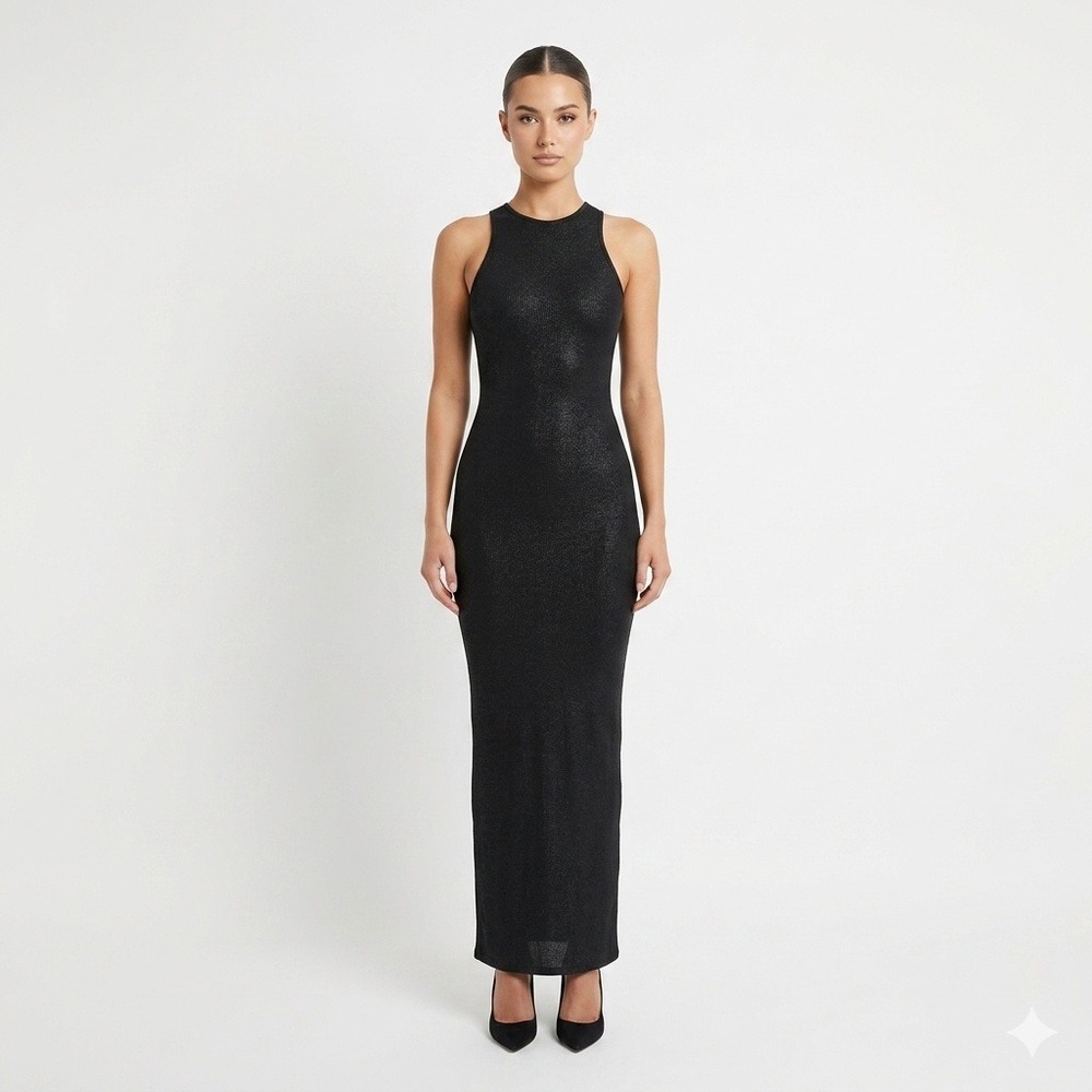 SKIMS Lounge Rib Full Length Maxi Dress Shimmer Black Racerback Size Medium